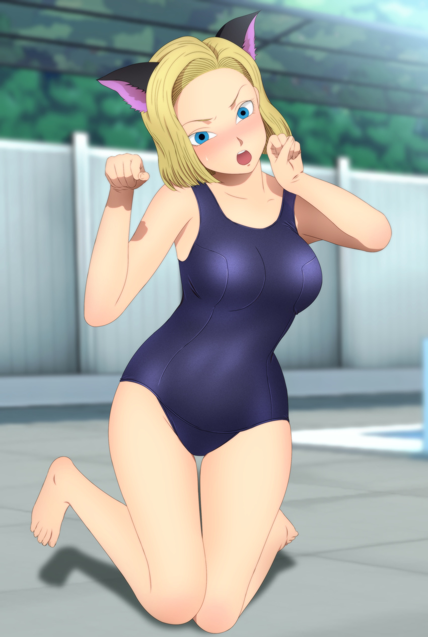 1girl absurdres android_18 animal_ears barefoot blonde_hair blue_eyes blush breasts cat_ears dragon_ball dragonball_z earrings fake_animal_ears feet female full_body highres jewelry kneeling large_breasts legs looking_at_viewer open_mouth paw_pose pool shadow short_hair shueisha solo swimsuit thighs toes yadokari_genpachirou