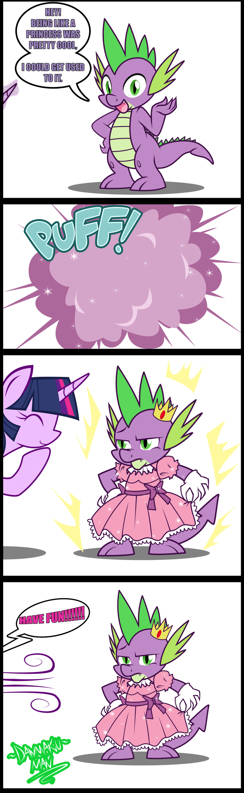 2015 clothing crown danmakuman dialogue dragon dress english_text equine fangs female friendship_is_magic gold_(metal) green_eyes horn magic male mammal my_little_pony princess royalty slit_pupils spike_(mlp) text twilight_sparkle_(mlp) winged_unicorn wings