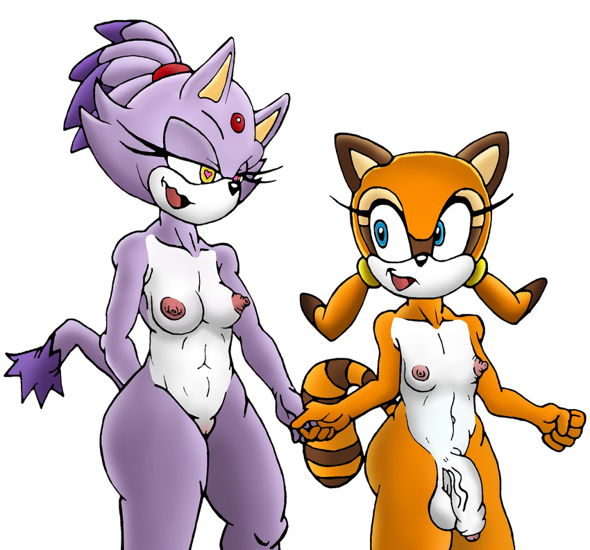 anthro blaze_the_cat breasts damian_hodge dickgirl duo flat_chested humanoid_penis intersex marine_the_raccoon orgasm penis plain_background sonic_(series) uncut wide_hips