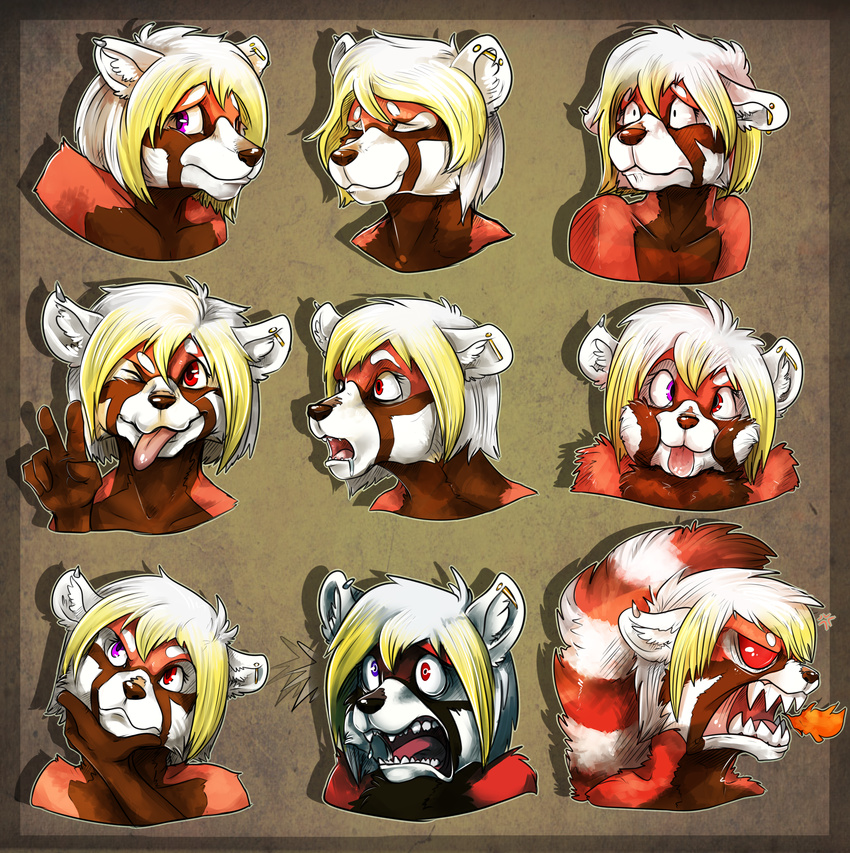 2015 :3 ambiguous_gender angry anthro brown_fur brown_tail corkyorkyii derp drooling espinoth expression_sheet fangs fear fire fire_breathing fur glee gold_hair hair happy heterochromia hi_res hypnosis jewelry mammal mind_control model_sheet open_mouth orange_fur orange_tail piercing purple_eyes rage red_eyes red_panda saliva silver_hair teeth thoughtful tiānzhēn_xiānhuā tongue tongue_out victory what white_fur white_tail