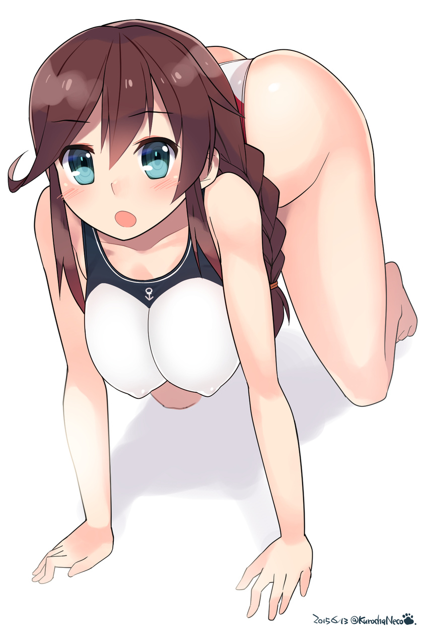 :o all_fours anchor_symbol aqua_eyes artist_name braid breasts brown_hair dated hanging_breasts highres kantai_collection kuro_chairo_no_neko large_breasts long_hair noshiro_(kantai_collection) one-piece_swimsuit open_mouth simple_background solo swimsuit twitter_username white_background
