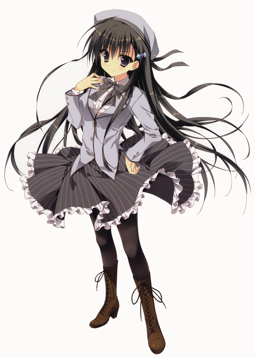 absurdres akiyoshi_fuyuka beret black_eyes black_hair black_legwear blazer blush buttons floating_hair full_body hand_on_own_chest hat highres jacket kanojo_no_seiiki long_hair long_sleeves pantyhose ryouka_(suzuya) school_uniform skirt smile standing striped striped_skirt wind