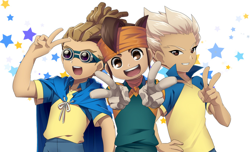 brown_eyes brown_hair cape double_v endou_mamoru gloves goggles gouenji_shuuya hairlocs headband highres inazuma_eleven inazuma_eleven_(series) kidou_yuuto male_focus multiple_boys norun open_mouth parted_lips raimon raimon_soccer_uniform red_eyes smile soccer_uniform sportswear star tan v white_hair