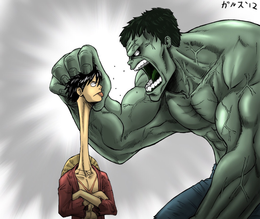 crossover gradient gradient_background green_skin hulk marvel monkey_d_luffy multiple_boys one_piece open_mouth stretch stretching