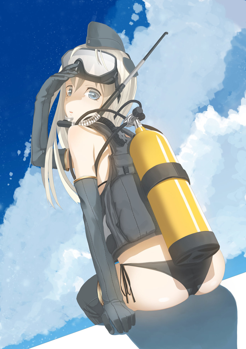 blonde_hair blue_eyes diving_mask diving_mask_on_head garrison_cap gloves hat highres kantai_collection long_hair scuba_gear scuba_tank snorkel swimsuit throtem u-511_(kantai_collection)