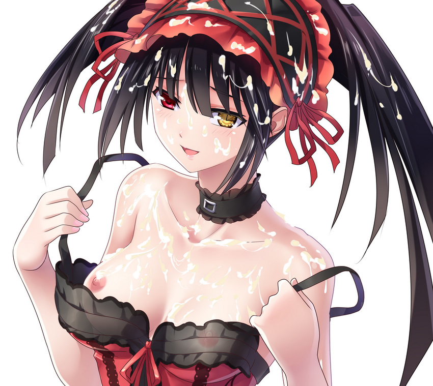 bad_id bad_pixiv_id black_hair blush breast_slip breasts choker cleavage clock_eyes cum cum_on_body cum_on_breasts cum_on_hair cum_on_upper_body date_a_live heterochromia highres medium_breasts naughty_face nipples one_breast_out red_eyes silence smile solo symbol-shaped_pupils tokisaki_kurumi undressing