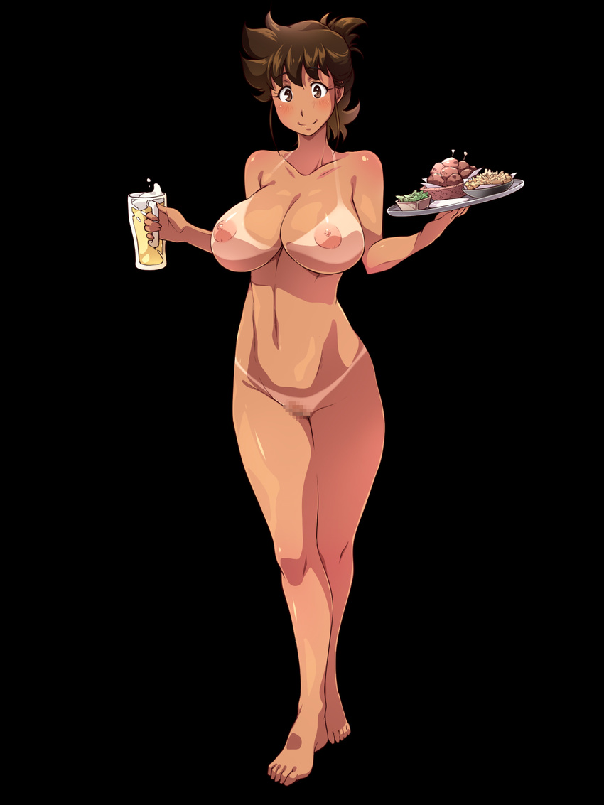 1girl ajiyoshi_noriko alcohol areolae barefoot beer black_background blush breasts brown_eyes brown_hair censored cup feet food full_body highres huge_breasts legs looking_at_viewer milf mister_ajikko mosaic_censoring navel nightmare_express nipples nude onigiri_(ocelot) pussy short_hair simple_background smile solo standing tan tanline thighs toes tray