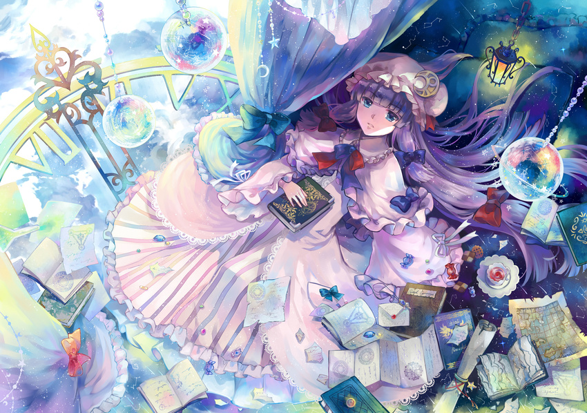 bad_id bad_pixiv_id bangs blue_bow blue_eyes blue_sky book bow candy capelet chain character_name cloud constellation crescent cup curtains dish dress ekita_xuan eyebrows_visible_through_hair food frills hair_bow hair_ornament hat hat_bow highres holding holding_book jewelry lace lantern letter light_particles long_hair long_sleeves looking_at_viewer lying magic_circle map mob_cap octagram on_back open_book paper parted_lips patchouli_knowledge pillow purple_hair red_bow ribbon roman_numerals scroll sky solo star star_of_lakshmi striped striped_dress sweets teacup touhou very_long_hair vest white_ribbon wide_sleeves