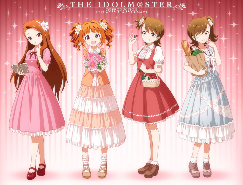 basket blue_eyes book bottle bouquet bracelet broccoli brown_hair fashion finger_to_cheek flower food fruit futami_ami futami_mami grin hair_flower hair_ornament hairband highres idolmaster idolmaster_(classic) jewelry key_necklace loaf_of_bread looking_at_viewer md5_mismatch minase_iori multiple_girls one_eye_closed open_mouth orange_hair outsider_0 red_eyes ribbon siblings side_ponytail sisters smile sparkle strawberry takatsuki_yayoi twins twintails wine_bottle