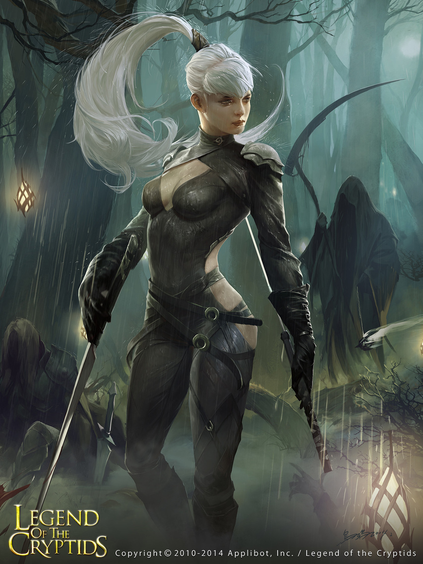 black_gloves breasts censer cleavage company_name copyright_name corpse crowgod death_(entity) dual_wielding gloves grim_reaper hands highres holding lantern legend_of_the_cryptids long_hair medium_breasts moon no_bra ponytail rain sword weapon white_hair