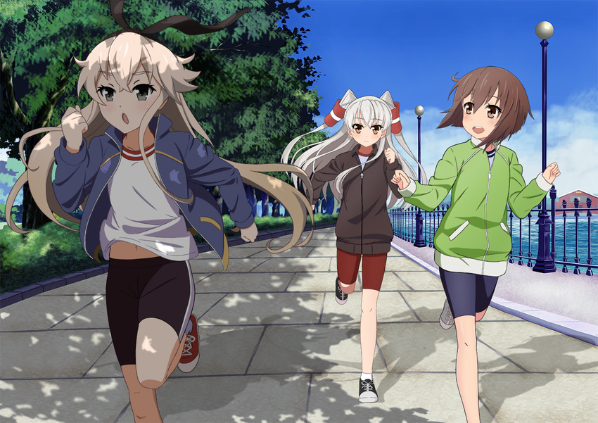 :d :o alternate_costume amatsukaze_(kantai_collection) bangs belly_peek bike_shorts blue_sky brown_hair bush clenched_hands day eyebrows eyebrows_visible_through_hair guard_rail gym_shirt hair_ribbon hair_tubes ironwork jacket kantai_collection lamppost long_hair long_sleeves looking_afar looking_at_another multiple_girls navel open_clothes open_jacket open_mouth outdoors pavement railing ribbon road round_teeth running shadow shimakaze_(kantai_collection) shirt shoelaces shoes short_hair shorts silver_hair sky smile sneakers socks sunlight t-shirt teeth track_jacket tree w_arms water yukikaze_(kantai_collection) zipper zuihou_(hechen121)
