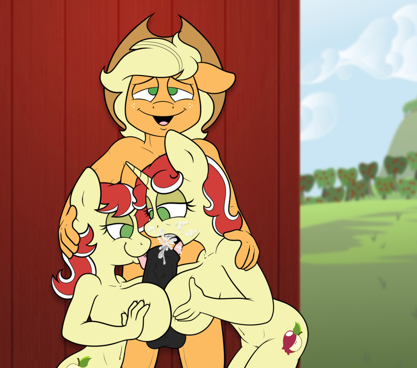 animal_genitalia anthro anthrofied applejack_(mlp) balls black_penis blonde_hair breasts cloud crossgender cum cum_in_mouth cum_inside cum_on_face cum_on_tongue cutie_mark double_titfuck equine female flam_(mlp) flim_(mlp) freckles friendship_is_magic fur green_eyes group group_sex hair hat horn horse horsecock licking looking_at_penis male mammal multicolored_hair my_little_pony navel no_pupils nude open_mouth oral orange_fur orgasm outside penis penis_lick pony red_hair semi-incest sex smile stunnerpony threesome titfuck tongue tongue_out tree two_tone_hair vein yellow_fur