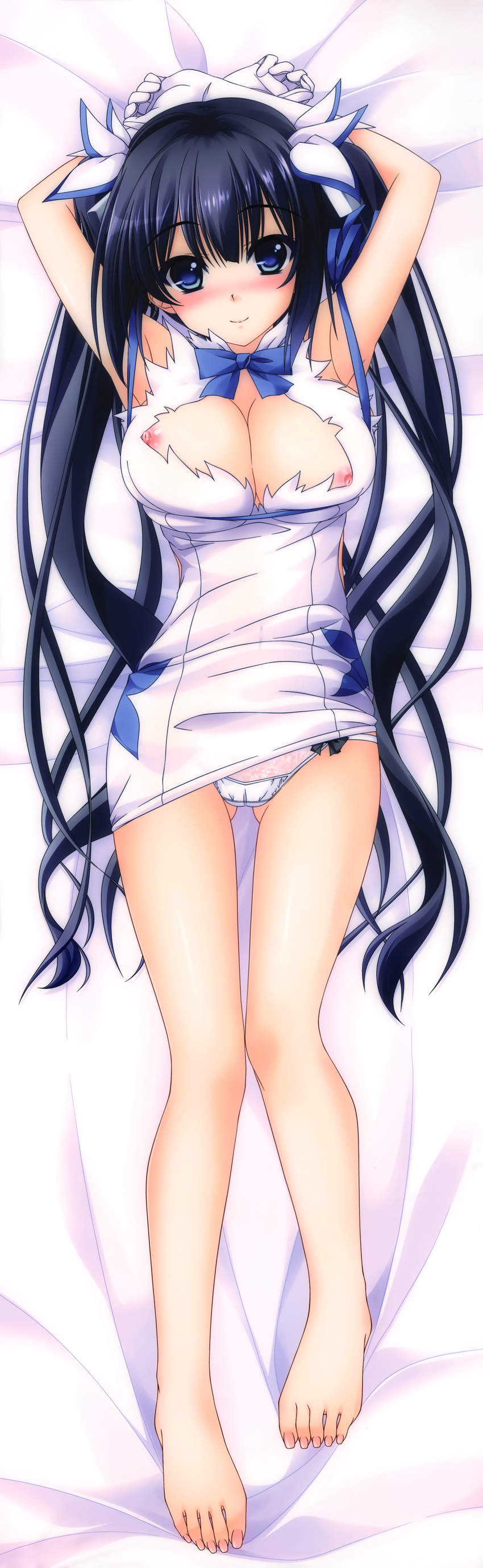 absurdres aoi_hiro arms_up barefoot black_hair blue_eyes blue_ribbon blush bow bow_panties breasts cleavage dakimakura dungeon_ni_deai_wo_motomeru_no_wa_machigatteiru_darou_ka full_body gloves hestia_(danmachi) highres huge_filesize large_breasts long_hair looking_at_viewer nipple_slip nipples nose_blush panties rei_no_himo ribbon smile solo toenails twintails underwear very_long_hair white_gloves white_panties