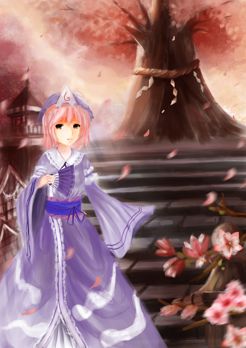 arm_garter bad_id bad_pixiv_id building cherry_blossoms fan folding_fan hat highres holding holding_fan japanese_clothes kimono looking_at_viewer mob_cap outdoors parted_lips petals pink_eyes pink_hair puririn rope saigyou_ayakashi saigyouji_yuyuko shimenawa short_hair sleeves_past_wrists solo stairs touhou tree_branch triangular_headpiece