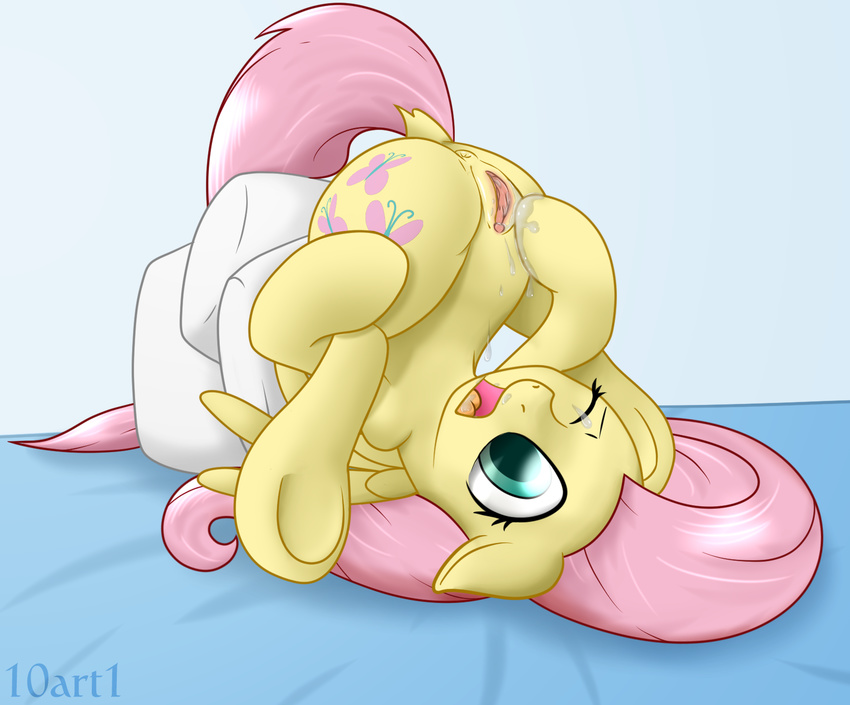 10art1 anus bed blue_background clitoris cutie_mark equine female fluttershy_(mlp) friendship_is_magic fur hair hooves horse mammal masturbation my_little_pony one_eye_closed open_mouth pillow pink_hair plain_background pony pussy solo underhoof wings yellow_fur