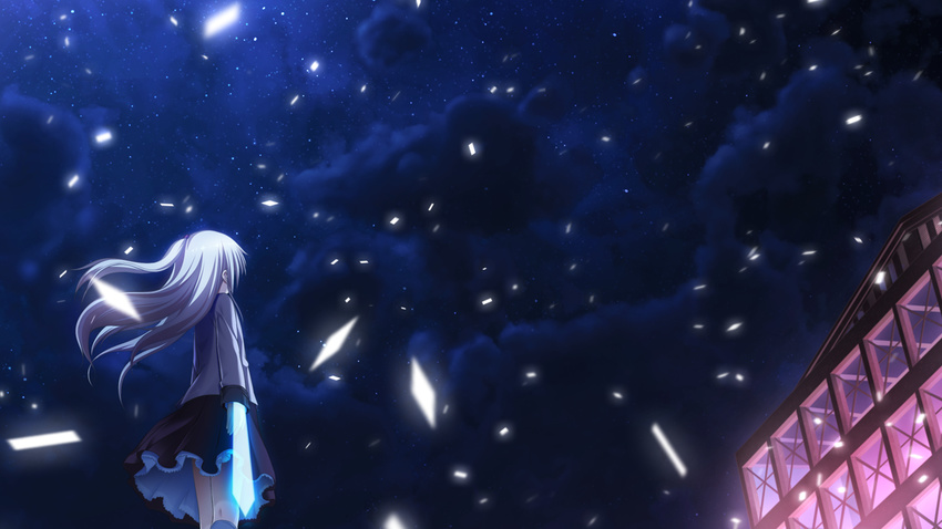 angel_beats! cloud cloudy_sky from_below game_cg hand_sonic na-ga night school_uniform sky tenshi_(angel_beats!)