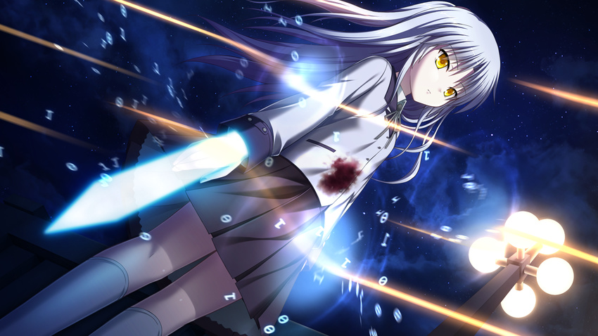 angel_beats! blood firing game_cg hand_sonic na-ga night school_uniform solo tenshi_(angel_beats!) weapon white_hair yellow_eyes