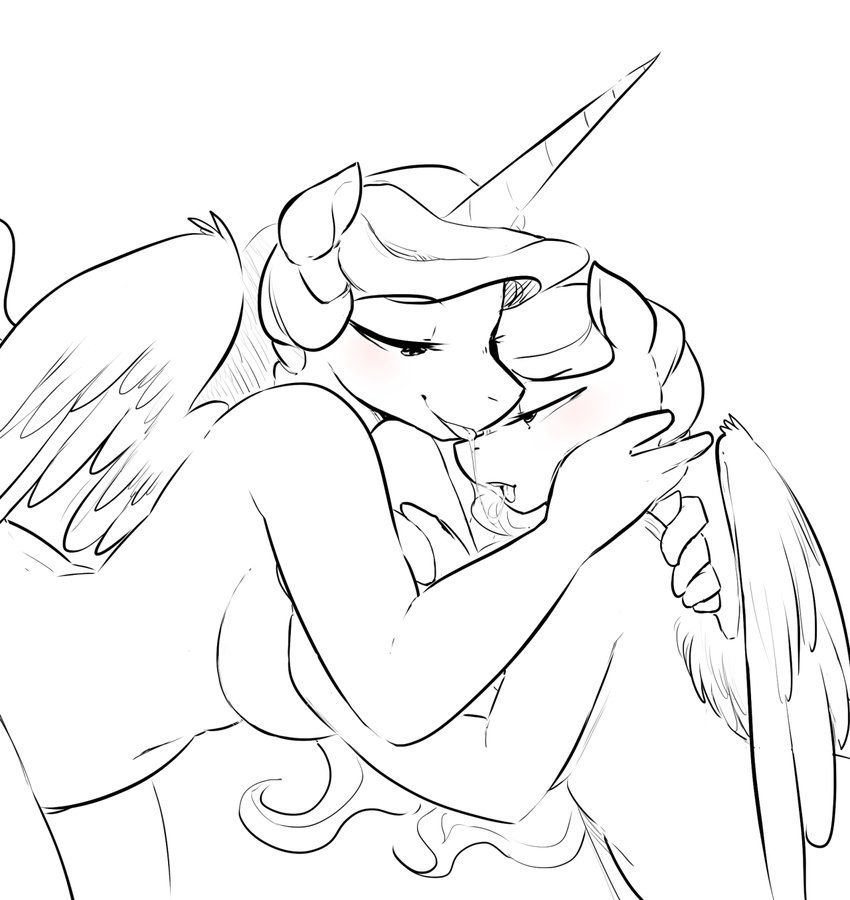 2015 anthro anthrofied big_breasts black_and_white breasts duo equine female female/female friendship_is_magic glo-in-the-dark hair half-closed_eyes horn incest mammal monochrome my_little_pony nude princess_celestia_(mlp) princess_luna_(mlp) saliva saliva_string tongue winged_unicorn wings