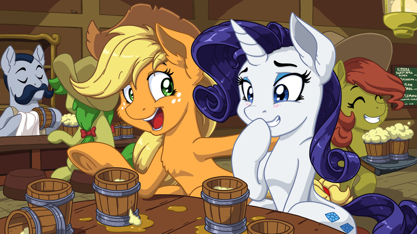 2015 applejack_(mlp) blonde_hair blue_eyes blush cider cutie_mark duo equine eyeshadow female freckles friendship_is_magic green_eyes hair horn horse inside latecustomer makeup mammal my_little_pony pony purple_hair rarity_(mlp) sitting table unicorn