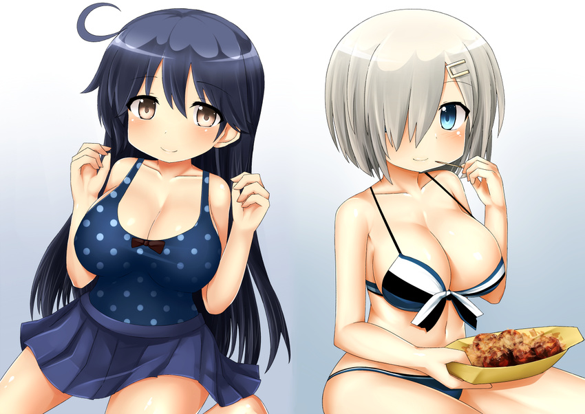 ahoge bikini black_hair blue_eyes breasts brown_eyes cleavage food gradient gradient_background hair_between_eyes hair_ornament hair_over_one_eye hamakaze_(kantai_collection) kantai_collection large_breasts long_hair looking_at_viewer multiple_girls polka_dot polka_dot_swimsuit silver_hair sitting skirt smile strap_gap sudo_shinren swimsuit takoyaki ushio_(kantai_collection)