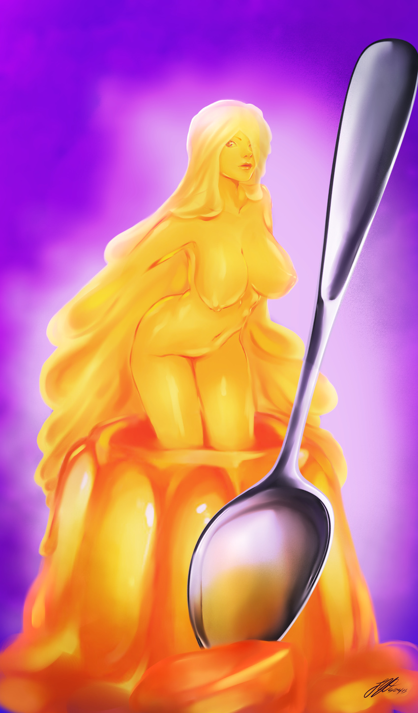 breasts female girl gradient gradient_background jelly large_breasts largebreasts monster_girl navel nipples nude ooze orange slime solo