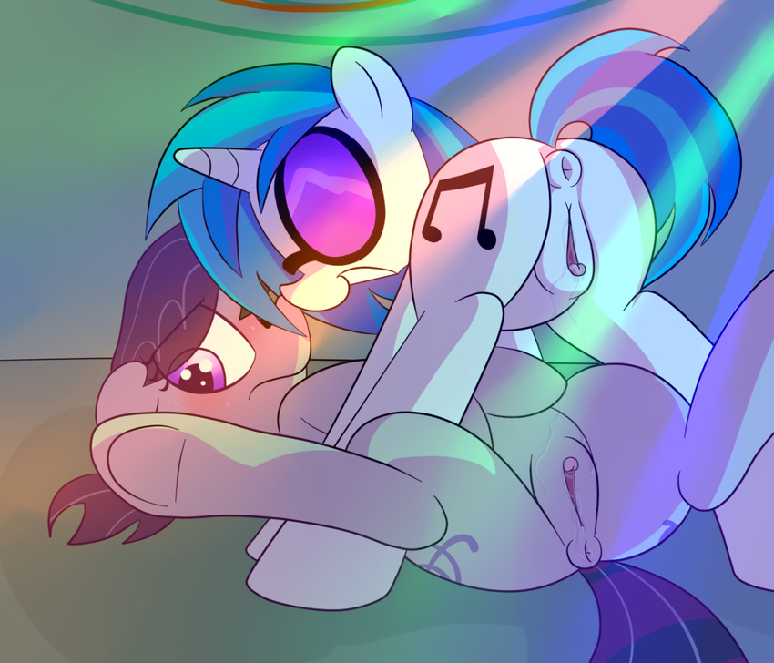 anatomically_correct anatomically_correct_anus anatomically_correct_pussy anus black_hair blue_eyes blue_hair clitoris cutie_mark datte-before-dawn duo equine eyewear female female/female friendship_is_magic fur glasses green_fur hair horn horse inside mammal multicolored_hair my_little_pony octavia_(mlp) pony pussy pussy_juice smile teeth two_tone_hair vinyl_scratch_(mlp) white_fur