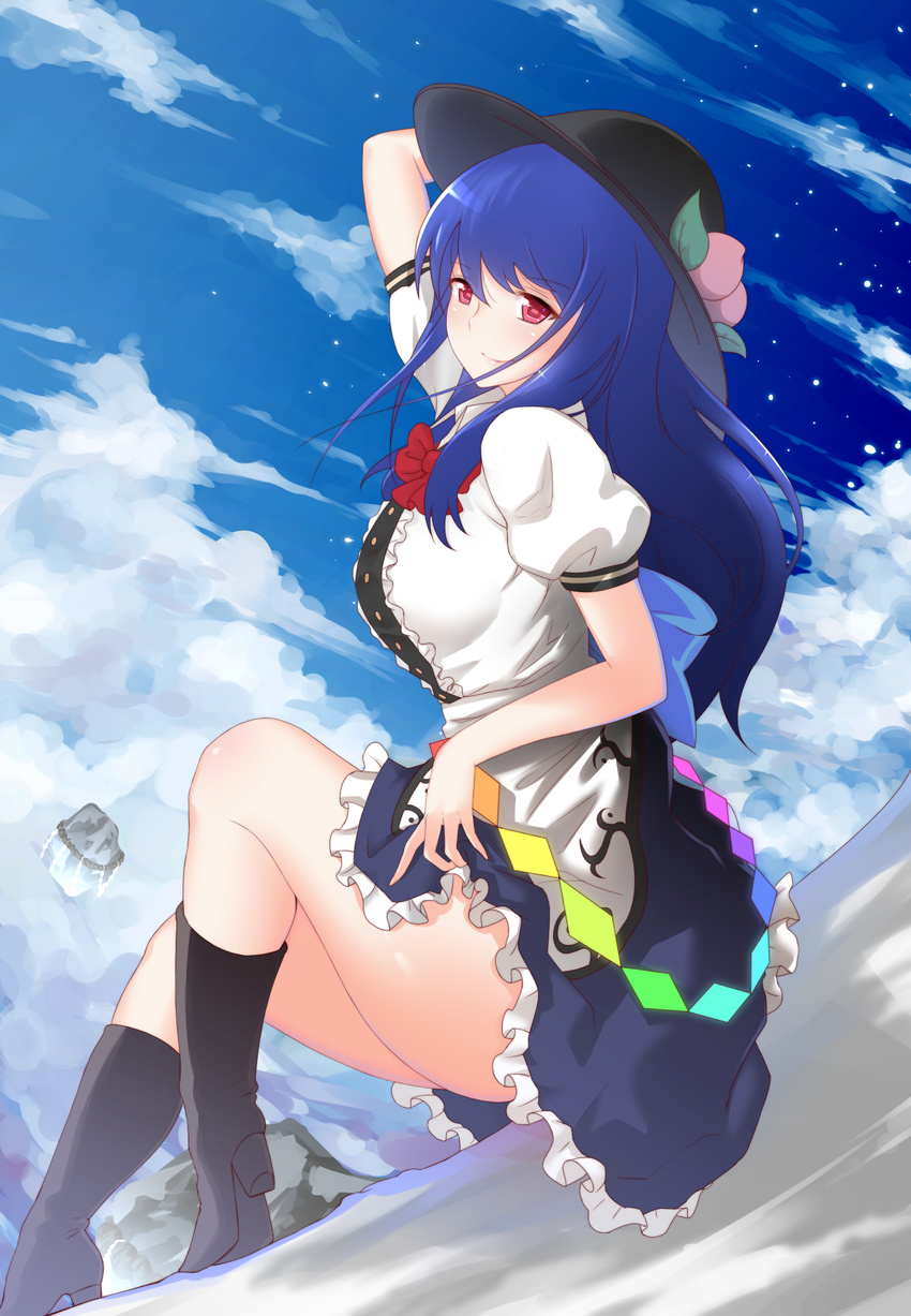 arm_behind_head blue_hair blue_sky boots bow cloud day floating_rock food fruit hat high_heel_boots high_heels highres hinanawi_tenshi long_hair looking_at_viewer peach pink_eyes puffy_short_sleeves puffy_sleeves shirt short_sleeves sitting skirt sky smile solo touhou x&amp;x&amp;x