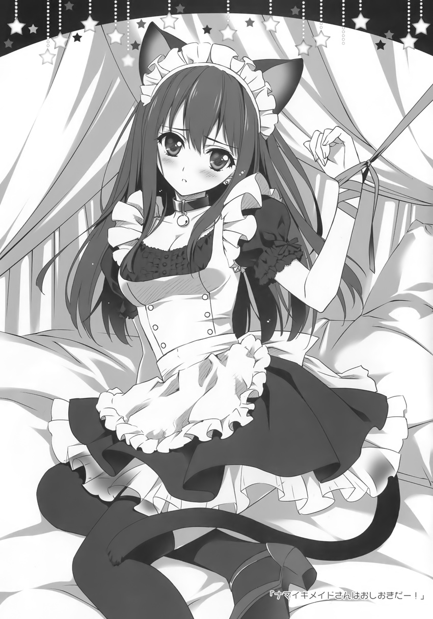 absurdres alternate_costume animal_ears apron blush breasts carnelian cat_ears cat_tail cleavage collar enmaided greyscale high_heels highres idolmaster idolmaster_cinderella_girls long_hair looking_at_viewer maid medium_breasts monochrome pillow ribbon shibuya_rin sitting solo star tail thighhighs translation_request