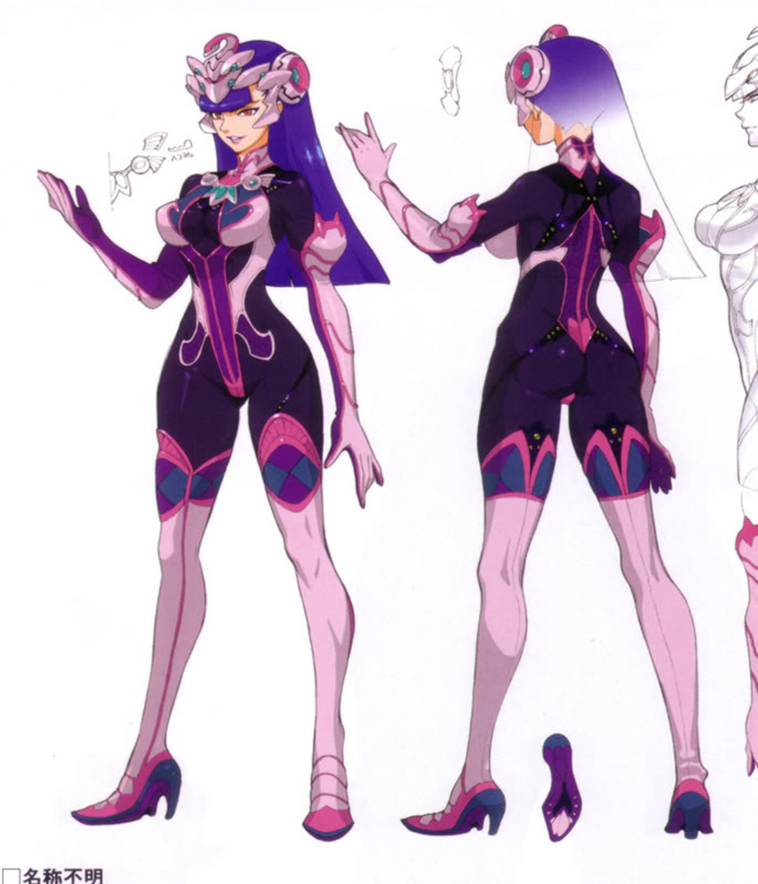 bodysuit boots breasts concept_art elbow_gloves gloves headgear high_heels knee_boots legs lips lipstick long_boots long_gloves long_hair long_legs makeup medium_breasts monochrome persephone_(wild_arms_5) purple_hair purple_lips red_eyes skin_tight smile wild_arms wild_arms_5