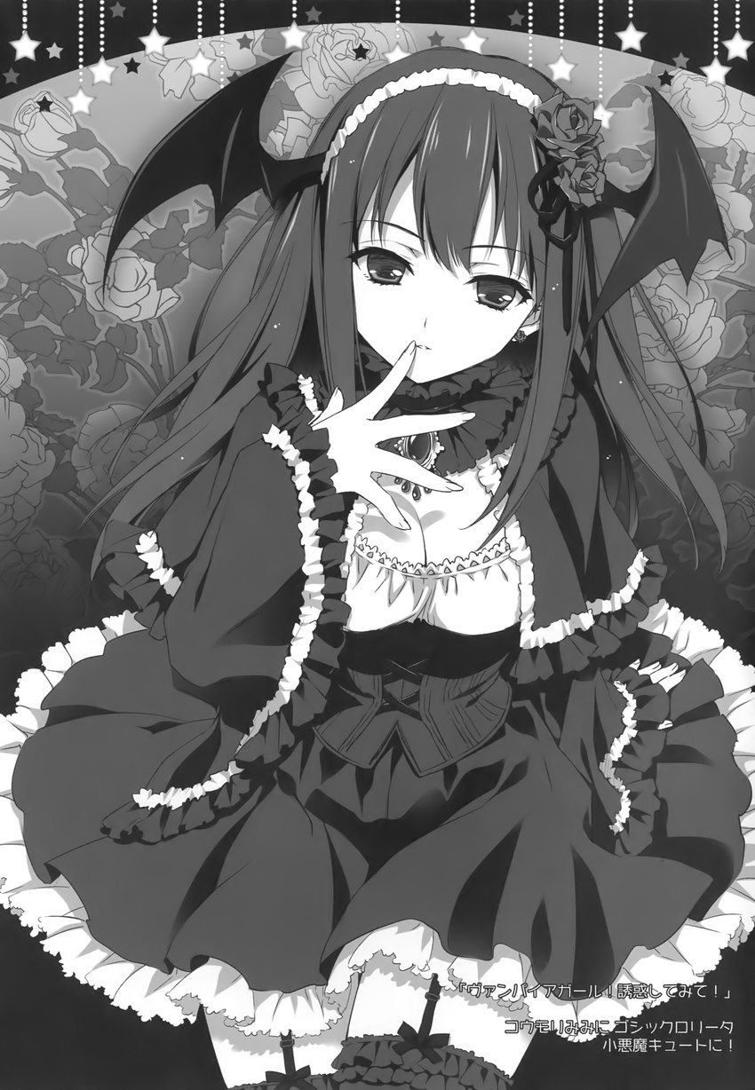 absurdres carnelian dress earrings flower frills gothic_lolita greyscale hair_flower hair_ornament hairband head_wings highres idolmaster idolmaster_cinderella_girls jewelry lolita_fashion monochrome rose rose_background shibuya_rin solo thighhighs translation_request