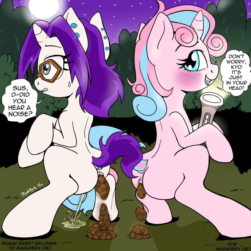 anus blush duo english_text equine fan_character feces flashlight forest horn kyokimute mammal moon my_little_pony scared scat sweat text tree unicorn urine