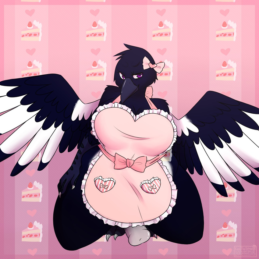 animal_genitalia anthro apron avian beak big_breasts bird black_feathers breasts cake chubby dickgril erection feathers food hair_bow horsecock huge_breasts kerothestrange looking_at_viewer magpie mattie_(thatwhichji) naked_apron overweight penis smile solo thick_thighs wide_hips wings