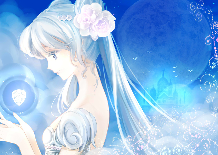 absurdres bird bishoujo_senshi_sailor_moon castle crystal double_bun dress flower from_side full_moon glowing grey_eyes hair_flower hair_ornament highres long_hair maboroshi_no_ginzuishou moon princess_serenity sakura12140814 solo transparent tsukino_usagi white_dress white_hair