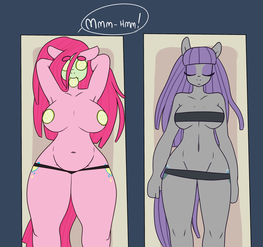 2015 anthro big_breasts breasts chubby clothed clothing cucumber duo earth_pony equine fan_character female friendship_is_magic half-dressed horse huge_breasts mammal maud_pie_(mlp) my_little_pony pinkie_pie_(somescrub) pony sibling sisters skimpy somescrub thong topless