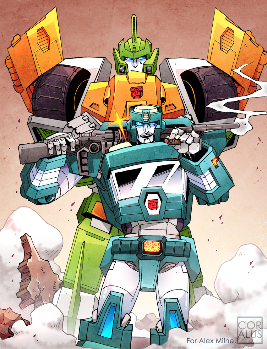 annoyed autobot cigar coralus gradient gradient_background gun highres kup mecha multiple_boys no_humans rifle robot science_fiction springer transformers weapon