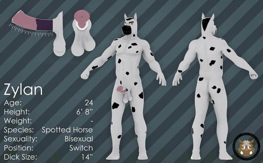 3d 5_fingers abs animal_genitalia balls biceps black_hair brown_eyes butt buzzcut equine hair horse humanoid_feet male mammal model_sheet muscles pecs penis spots spotted_horse thick_eyebrows v--r zylan