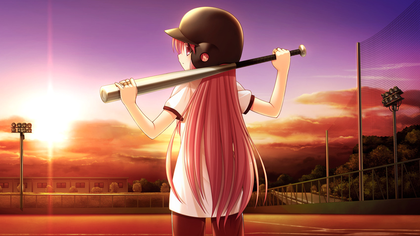 angel_beats! baseball baseball_bat from_behind game_cg gym_uniform helmet holding long_hair na-ga outdoors pink_eyes pink_hair solo sport sunset yui_(angel_beats!)