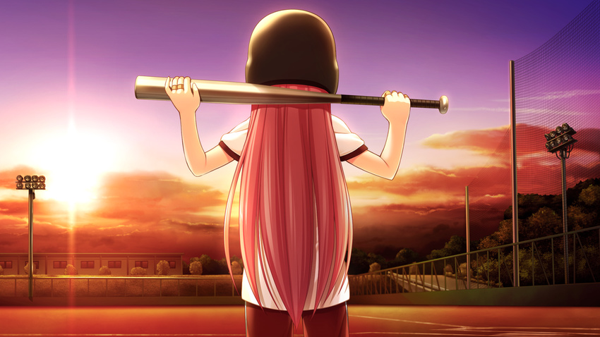 angel_beats! baseball baseball_bat from_behind game_cg gym_uniform helmet holding long_hair na-ga outdoors pink_hair solo sport sunset yui_(angel_beats!)