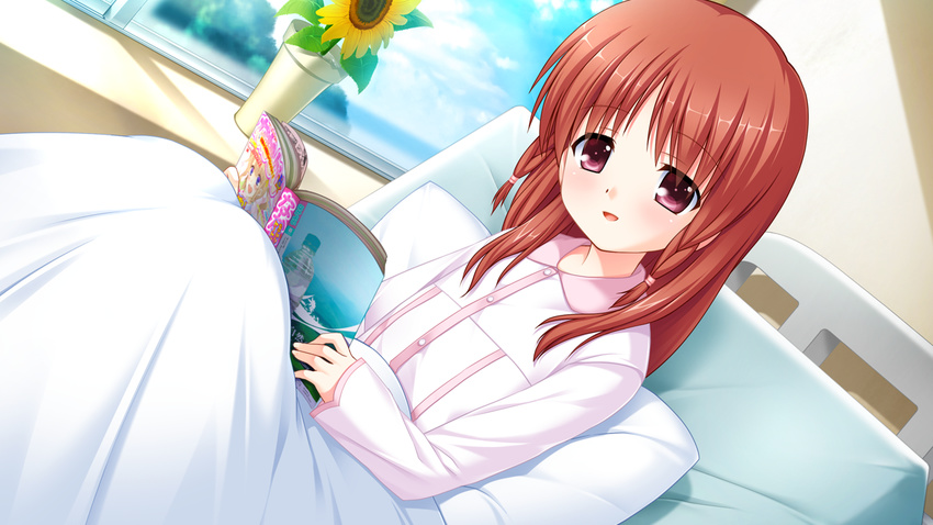 angel_beats! bed flower game_cg long_hair na-ga otonashi_hatsune pajamas purple_eyes red_hair solo sunflower