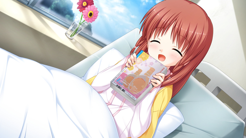 angel_beats! bed flower game_cg long_hair na-ga otonashi_hatsune pajamas red_hair solo sunflower