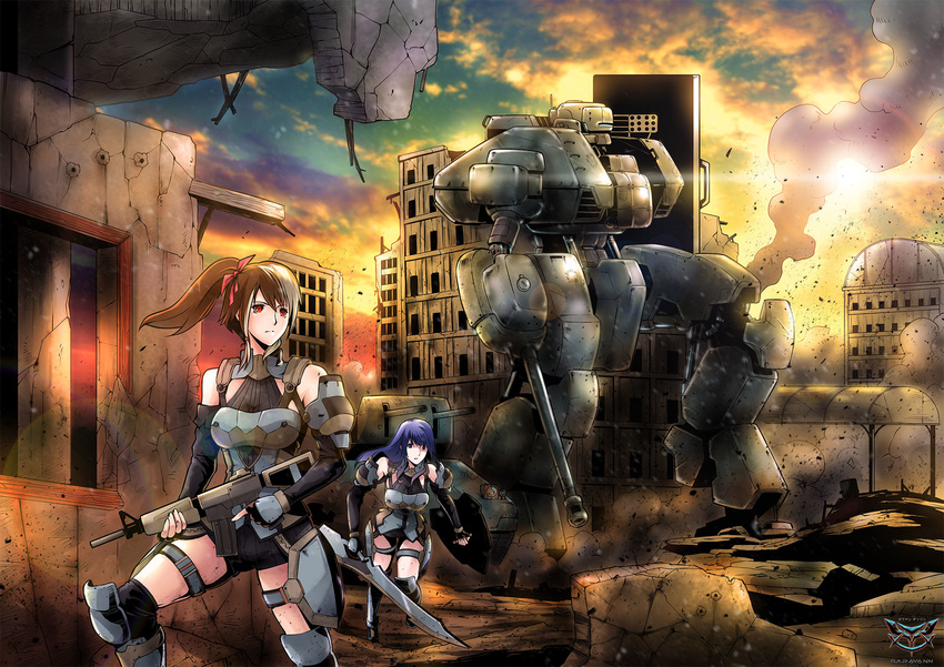 armor armored_vehicle assault_rifle breastplate building cannon elbow_gloves fingerless_gloves garayann gloves greaves ground_vehicle gun hair_ribbon highres m4_carbine mecha military military_vehicle multiple_girls original ribbon rifle ruins shield smoke sword war weapon