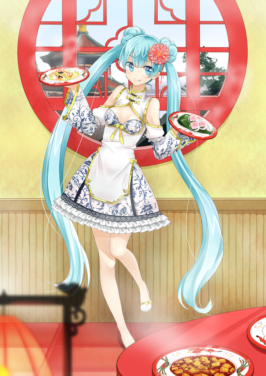 :p agonasubi blue_eyes blue_hair chinese_clothes double_bun dress food hatsune_miku highres lolita_fashion long_hair mapo_doufu plate qi_lolita solo table tongue tongue_out twintails very_long_hair vocaloid waitress window