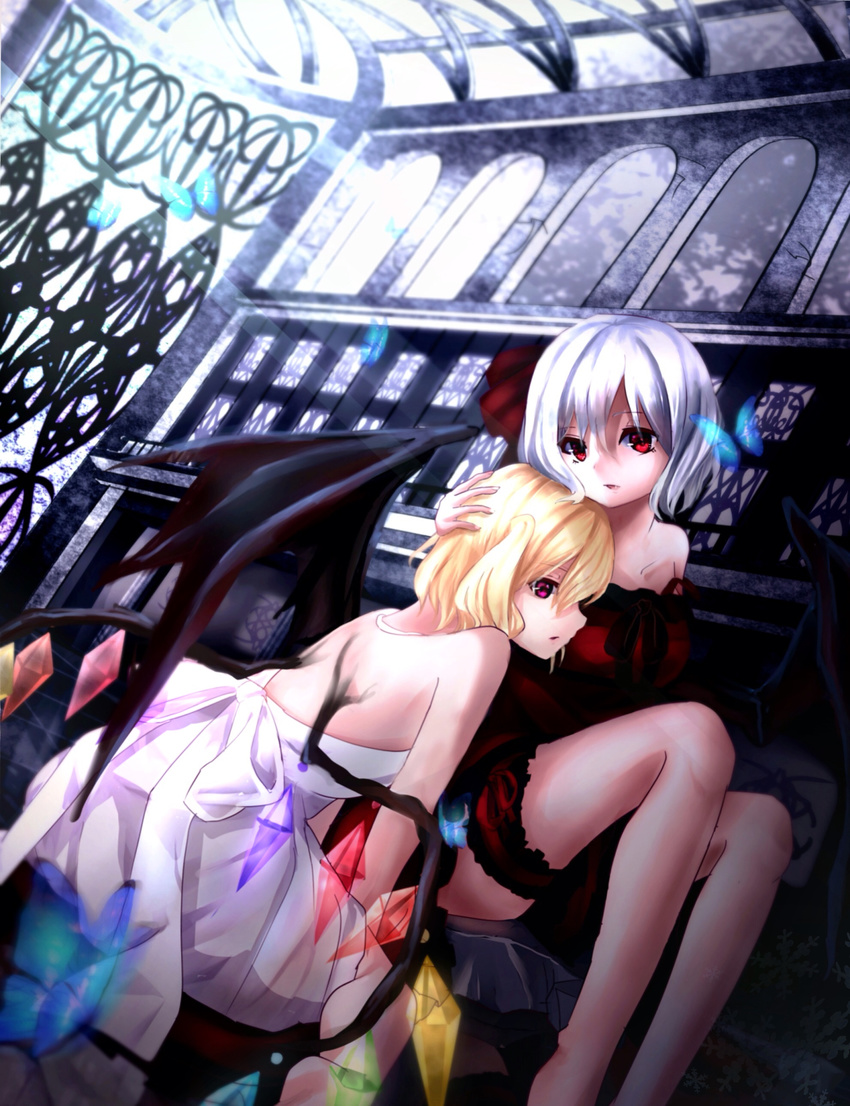 alternate_costume backless_dress backless_outfit bare_legs bat_wings blonde_hair bug butterfly chikawa_shibainu church collarbone dress flandre_scarlet garters hair_ribbon hand_on_another's_head head_on_chest head_on_head highres insect leaning_on_person light_rays looking_at_viewer md5_mismatch multiple_girls parted_lips red_dress red_eyes remilia_scarlet revision ribbon short_hair siblings side_ponytail silver_hair sisters sitting strapless strapless_dress sunbeam sunlight touhou white_dress wings