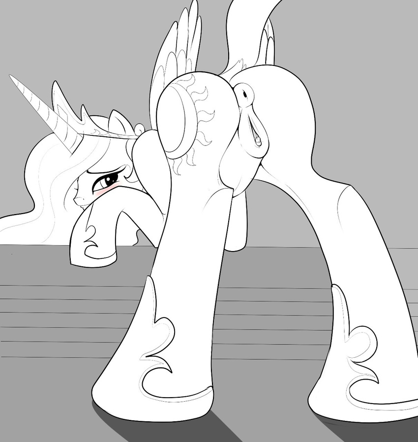 anus blush butt clitoris cutie_mark equine female friendship_is_magic grey_background half-closed_eyes horn horse looking_at_viewer looking_back mammal monochrome my_little_pony plain-background plain_background pony presenting presenting_hindquarters princess_celestia_(mlp) pussy skyline19 solo tiara wings