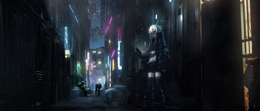 1girl 3others alley asuteroid black_footwear black_jacket black_legwear black_shorts boots building cityscape commentary dark green_eyes highres holding holding_phone iz_(asuteroid) jacket lights long_hair long_sleeves multiple_others neon_lights night open_clothes open_jacket original outdoors phone scenery shirt shorts skyscraper sleeves_past_wrists solo_focus standing thighhighs very_long_hair white_hair white_shirt wide_shot window
