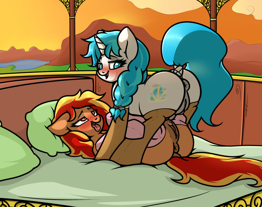 anus bed blonde_hair blue_eyes braided_hair butt clothing cutie_mark equine female female/female feral hair horn horse legwear lying mammal multicolored_hair my_little_pony on_back pillow pony pussy raised_tail red_hair slavedemorto thigh_highs two_tone_hair unicorn