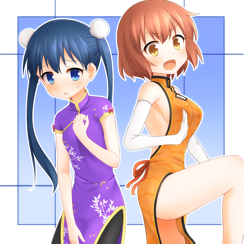 :d alternate_costume bare_hips black_legwear blue_eyes blue_hair blush breasts brown_eyes brown_hair china_dress chinese_clothes cleavage_cutout double_bun dress fang faubynet gloves highres inokuma_youko kin-iro_mosaic komichi_aya long_hair md5_mismatch medium_breasts multiple_girls open_mouth outline pantyhose pose short_hair sideboob small_breasts smile sweatdrop twintails v-shaped_eyebrows