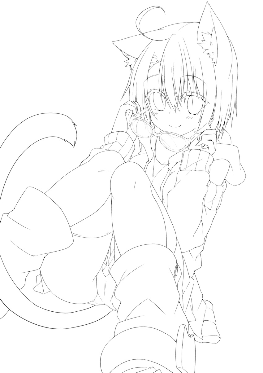 absurdres ahoge animal_ears boots cat_ears cat_tail detached_sleeves dodome-iro_mayonnaise eyewear_removed glasses greyscale highres holding holding_eyewear lineart looking_at_viewer monochrome original short_hair smile solo tail thighhighs