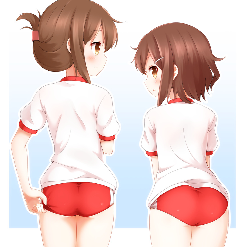 ass blush brown_hair buruma faubynet folded_ponytail gym_uniform hair_ornament hairclip highres ikazuchi_(kantai_collection) inazuma_(kantai_collection) kantai_collection looking_at_viewer looking_back md5_mismatch multiple_girls open_mouth revision short_hair simple_background smile white_background