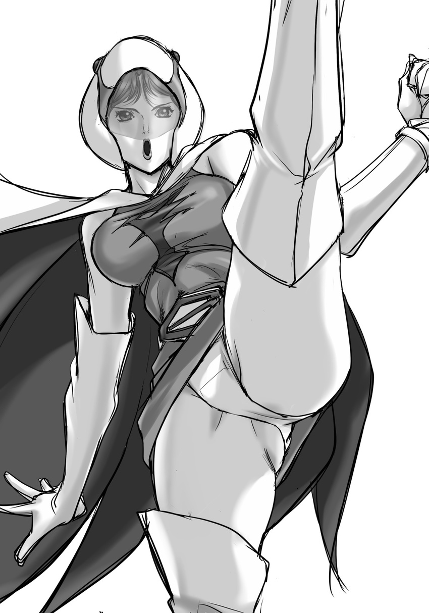 1girl boots cape female gatchaman gloves helmet hikawadou jun_the_swan kicking lips monochrome panties pantyshot simple_background solo thighhighs underwear